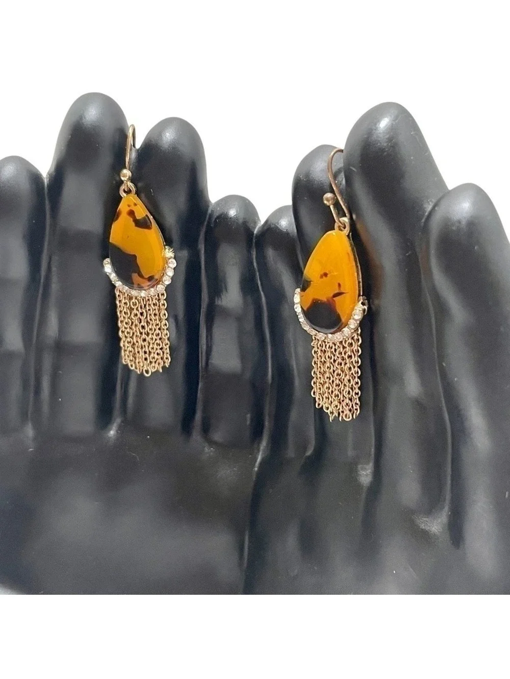 Tortoiseshell Teardrop Dangle Earrings Rhinestone Tassel Gold Tone